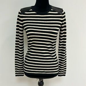 J. McLaughlin Black and White Striped Sweater with Leather Accents, Size XS
